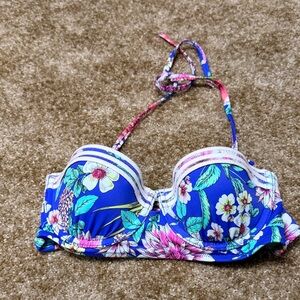 Shade & Shore Turquoise Halter Bikini Top with Floral Trim